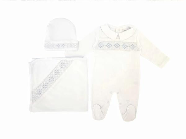 Set Smock Blanket + Footie + Beanie Pima, White & Blue