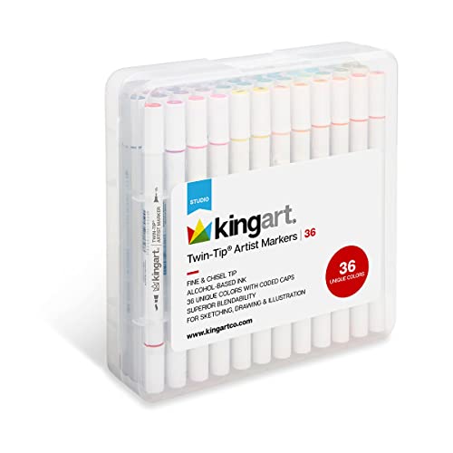 KINGART Dual Tip Alcohol Based Art Markers, 36 Colors Permanent Marker Pens Highlighters with Case Perfect for Illustration Adult Coloring Sketching