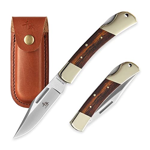 SENBON folding lock back knife 4in 440a sharp outdoor knife sand iron wood copper handle with Leather Sheath