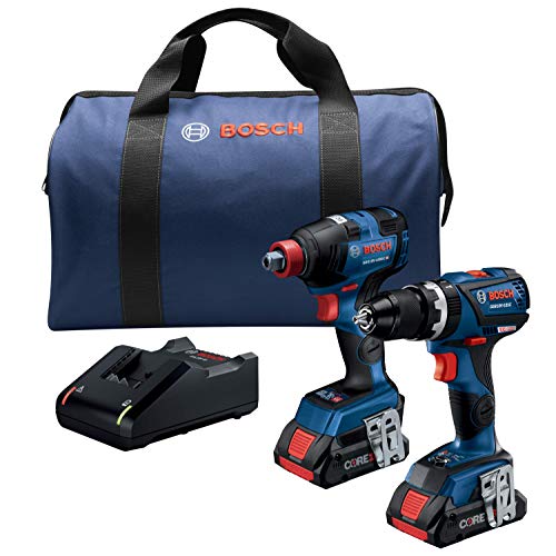 BOSCH GXL18V-251B25 18V 2-Tool Combo Kit with 1/4 In. and 1/2 In. Two-In-One Impact Driver, Compact Tough 1/2 In. Hammer Drill/Driver and (2) CORE18V