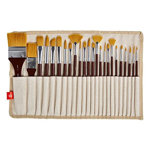 KINGART 210-24 Golden Nylon Hair Artist Brush Set, 24 Shapes & Sizes of Short Handle Round, Flat & Fan Paintbrushes in a Compact Brush Roll, Use for