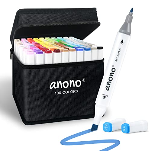 anono 100 Colors Alcohol Marker Dual Tip Marker Permanent Marker Set Artist Markers with Carry Bag for Kids Adults Coloring Drawing, White Penholder