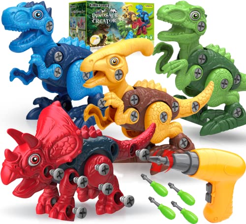 Dinosaur Toys for 3, 4, 5, 6, 7 Year Old Boys, Take Apart Toys with Electric Drill for Kids, STEM Educational Construction Building Toys, Ideal Xmas