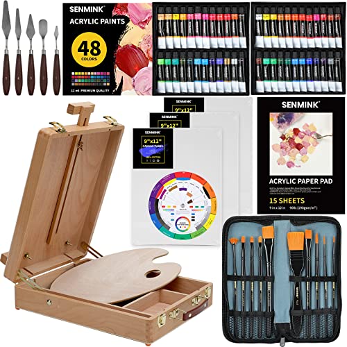 69 Pcs Artists Painting Set with Wood Box Easel，48×12ML Acrylic Painting Set, Canvas 9×12 inches, Wood Palette, Palette Knife Art Supplies, Paint Set