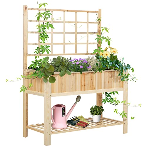 Outsunny 47” Wooden Raised Garden Bed with Trellis, Coutryside Style Elevated Planter Box Stand with Open Storage Shelf, Spacious Planting Area for