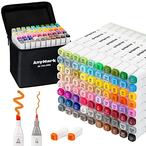 AnyMark Alcohol Markers, 80 Colors Alcohol Markers Set, Dual Tips Alcohol-Based Art Markers for Kids Adult Artists Drawing Coloring Sketch, Chisel &