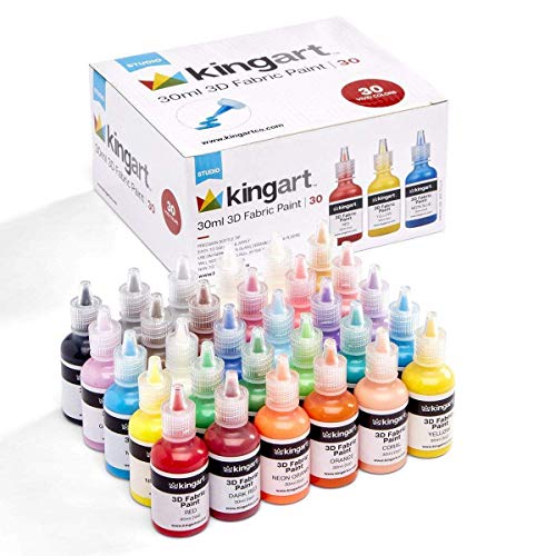 KINGART Permanent Fabric Paint, Set of 30 Colors, 30ml Bottles, Washer & Dryer Safe, Textile Paint for Clothes, T-Shirts, Jeans, Bags, Shoes, Art and