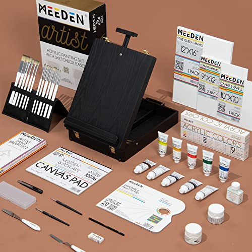 MEEDEN Acrylic Painting Set, Deluxe Painting Kit with Wood Easel Box, Artist Grade Acrylic Paints, Paintbrushes, Canvas, Palettes, Gel Medium and