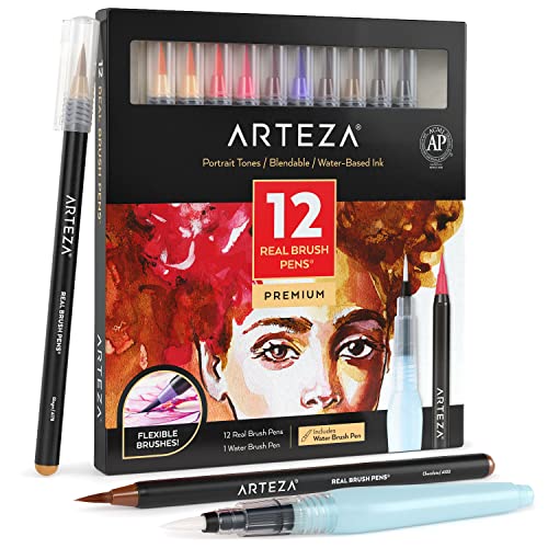 ARTEZA Real Brush Pens, Set of 12, Portrait Tones, Blendable Watercolor Markers and 1 Water Brush, Art Supplies for School, Home, and Office