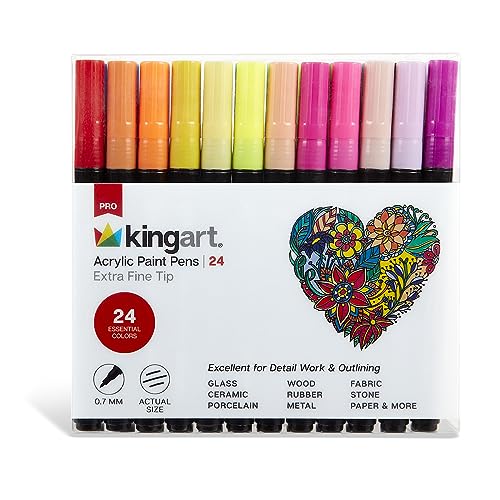 KINGART 454-24 PRO 24 Ct. Extra Fine Paint Pens, 0.7mm Tip, 24 Acrylic Paint Colors incl. Metallic & Neon, Low-Odor Water-Based Quick Dry Markers for