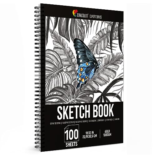 ZENACOLOR – Professional 100 Sheets Sketch Book 9″x12″ with Spiral Bound and Hardback Cover – White Acid-Free Drawing Paper (100 g)