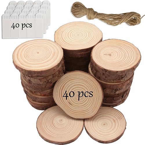 Unfinished Natural Wooden Slices 40Pcs 3.2-4 Inch Wood Circles for Crafts DIY Christmas Ornament Craft Wood Kit with Picture Hanging Strips,Blank