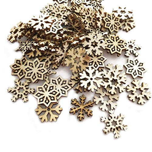 Amosfun 100pcs Hanging Wooden Christmas Tree Decorations Ornaments Wood Gift Tags Unfinished Wood Snowflake Cutouts Shapes Wooden Slices for DIY