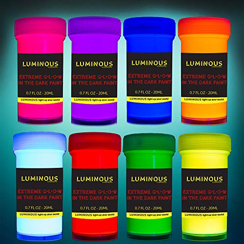 Luminous Extreme Glow in The Dark Paint – Set of 8 x 20 ml / 0.7 fl oz pots – Self-Luminous Glowing Neon Paints – High Pigmentation Long-Lasting