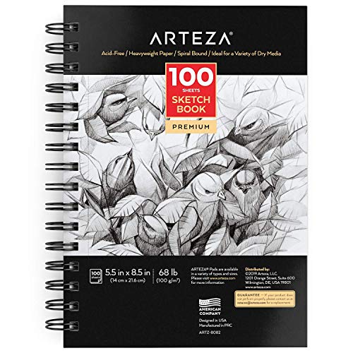 Arteza Sketchbook, 5.5 x 8.5 Inches, 100 Sheets, Spiral-Bound Pad, Acid-Free 68-lb Drawing Paper, Art Supplies for Adults & Teens