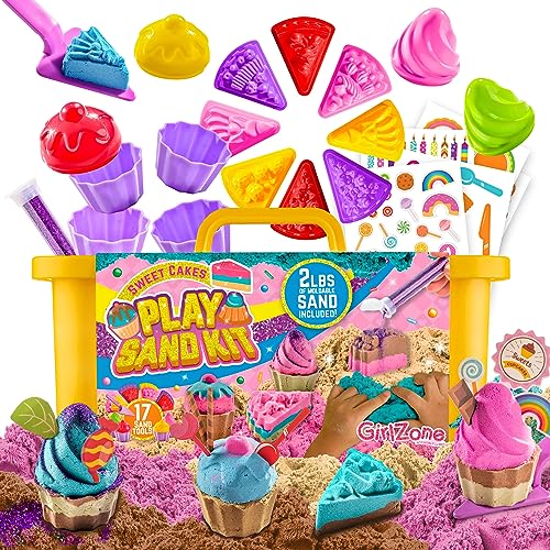 GirlZone Sweet Cakes Play Sand Kit, Fun Sand Box Toys Kit with 2lbs Moldable Sensory Sand and 17 Sandbox Sand Tools, Fun Sand Toys for Toddlers Age