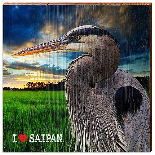 I Heart Saipan Heron Sunset Home Decor Art Print on Real Wood