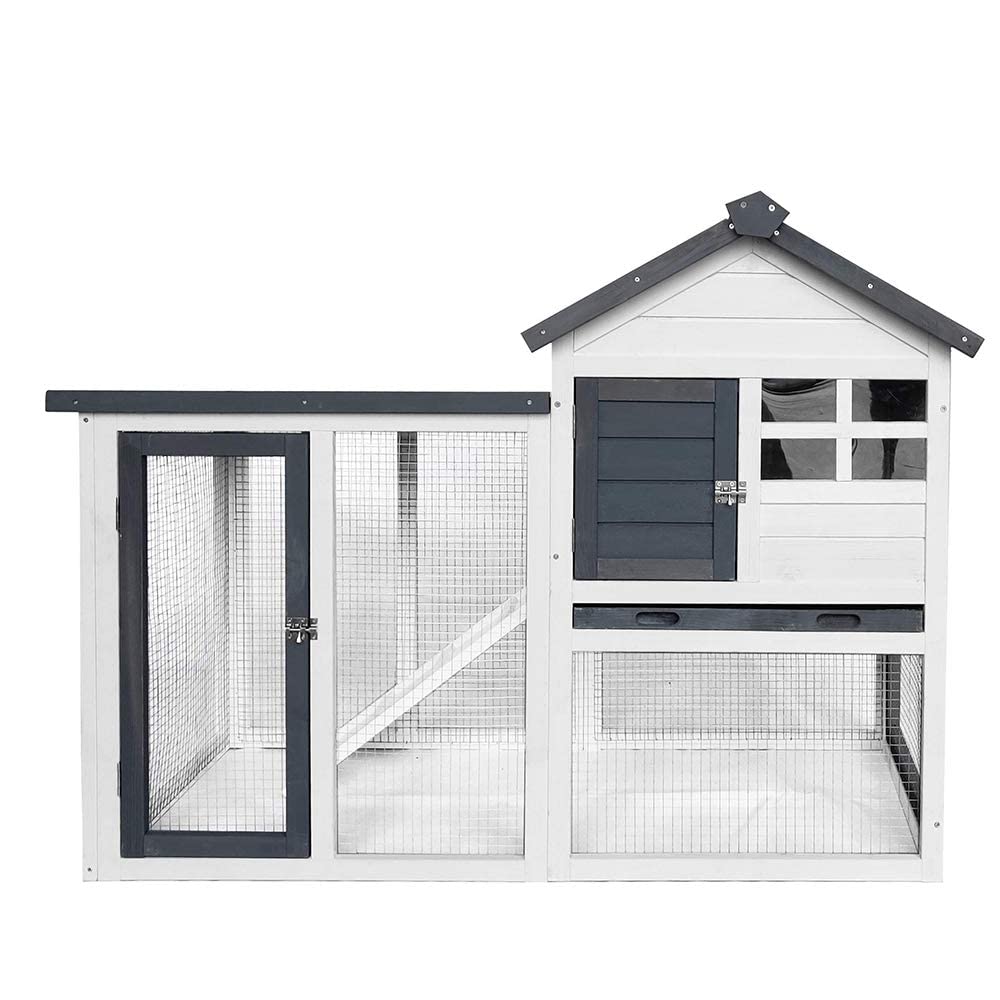 48”L Rabbit Hutch Indoor Outdoor Bunny Cage Rabbit Hutch Wood House Pet Cage for Small Animals (Grey/White)