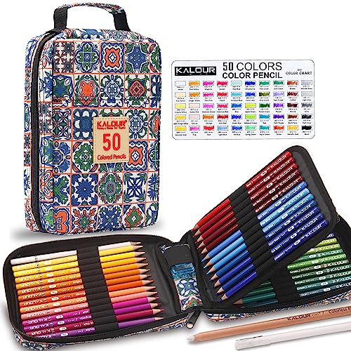 KALOUR Premium Colored Pencils for Adult Coloring Book,Set of 50 Colors,Zipper Slot Pencil Case,with Sharpener,Colorless Blender Pencils,Soft