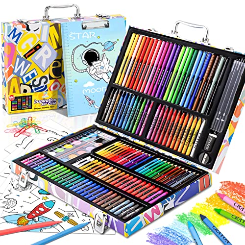 POPYOLA Art Supplies, 180 Piece Drawing Painting Art Kit with Clipboard and Coloring Papers, Gifts Art Set Case with Oil Pastels, Crayons, Colored