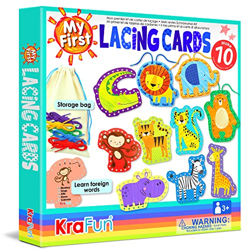 KRAFUN Beginner Easy Safari and Animal Lacing Card Kit, 10 Preschool Lacing Card Project for Kids Arts & Crafts, Lacing Cards for Toddlers, Fine