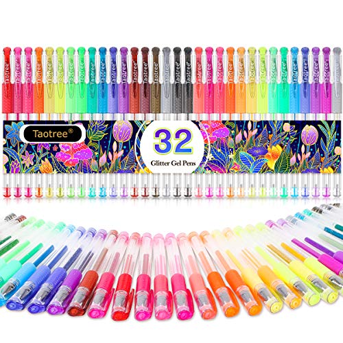 Taotree Glitter Gel Pens, 32 Color Neon Glitter Pens Fine Tip Art Markers Set 40% More Ink Colored Gel Pens for Adult Coloring Book, Drawing,