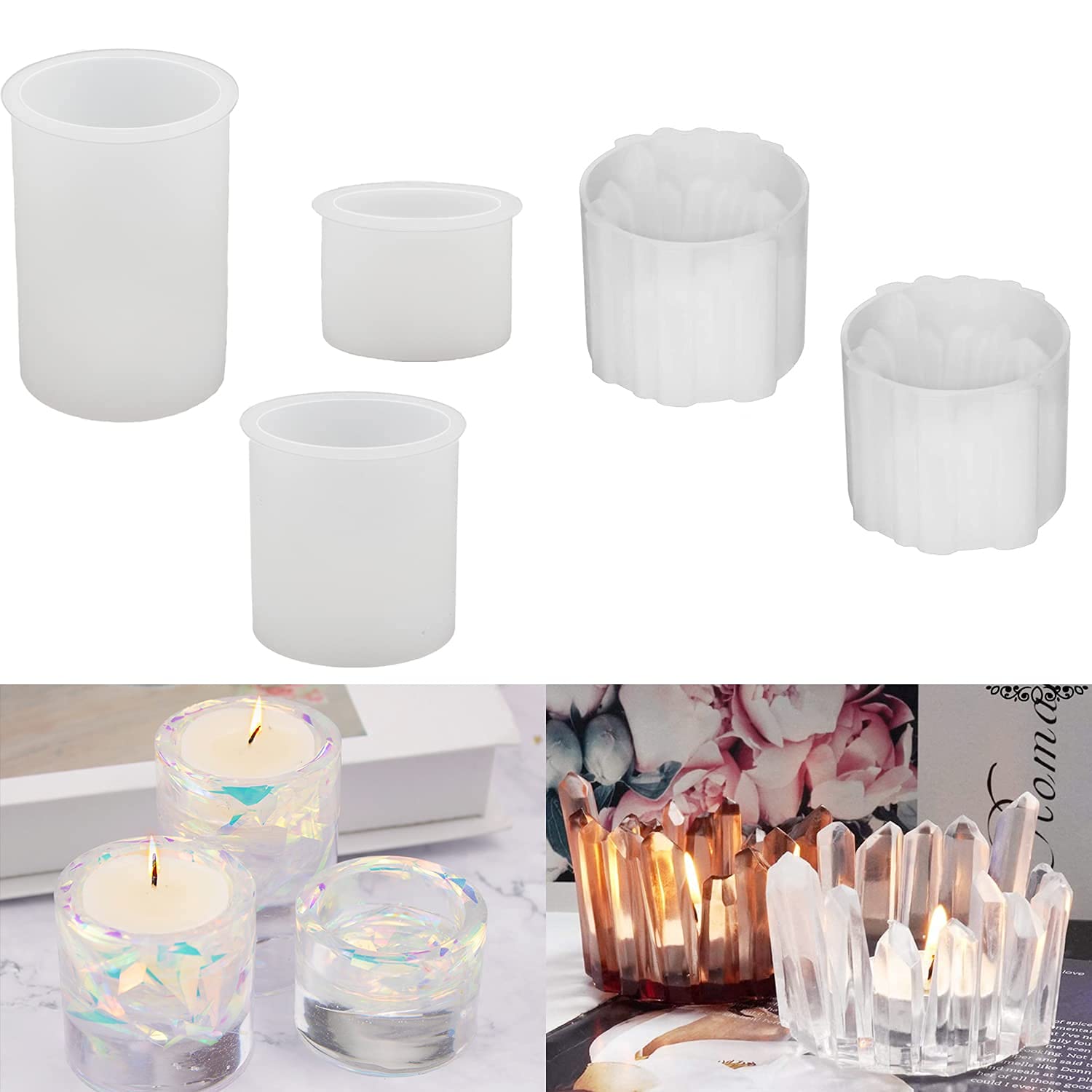 ResinWorld 3 Pack Cylinder Candlestick Epoxy Casting Molds + 2 Pack Crystal Shape Tea Light Candle Holder Molds