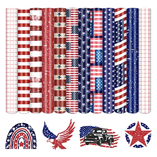 Tintnut American Flag Permanent Vinyl – 10 Sheets 12″x10″, USA Flag Patriot Adhesive Vinyl, Independence Day Pattern Self Sticker Waterproof Vinyl