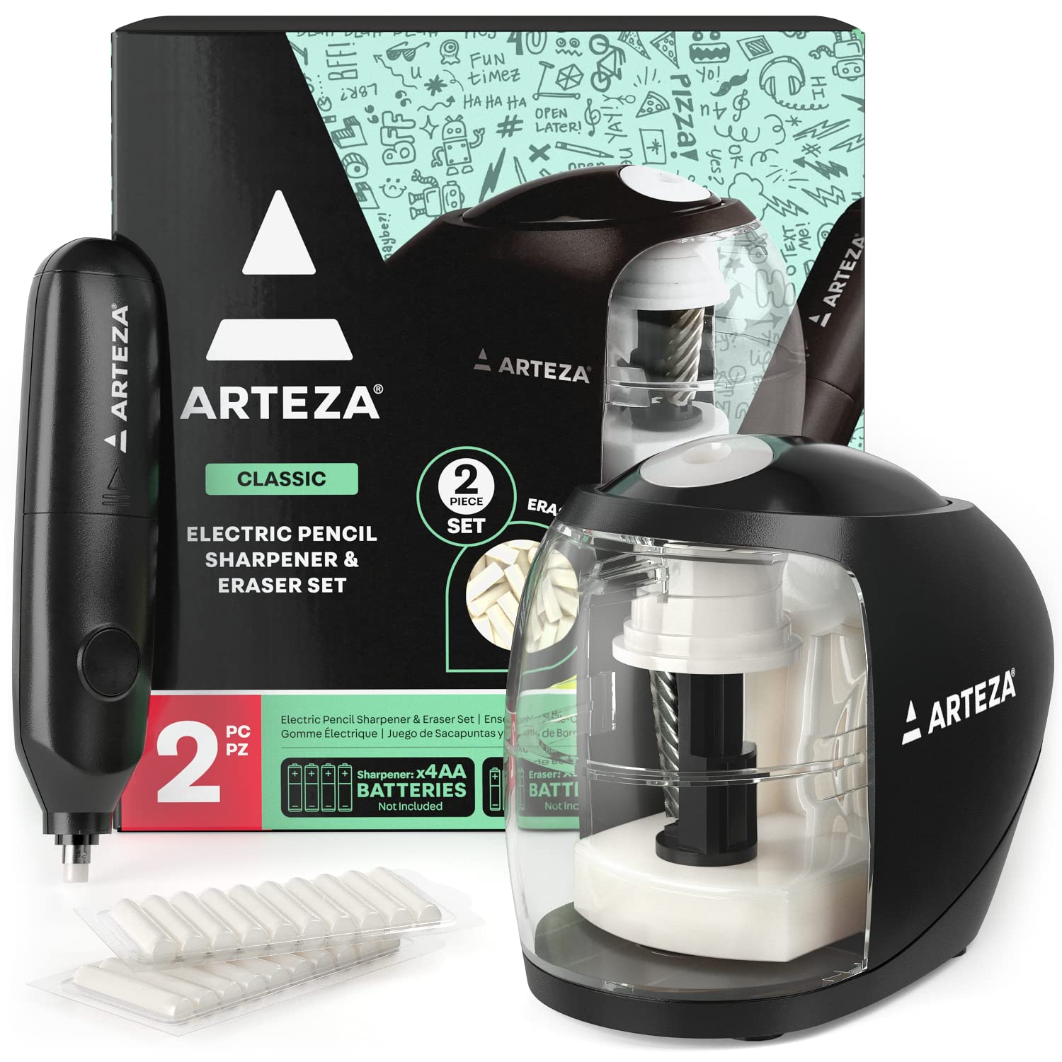 Arteza Pencil Sharpener and Electric Eraser Set, Black, for 8-mm Pencils, 20 Eraser Refills, Office Supplies for Teachers, Students, Classrooms, and