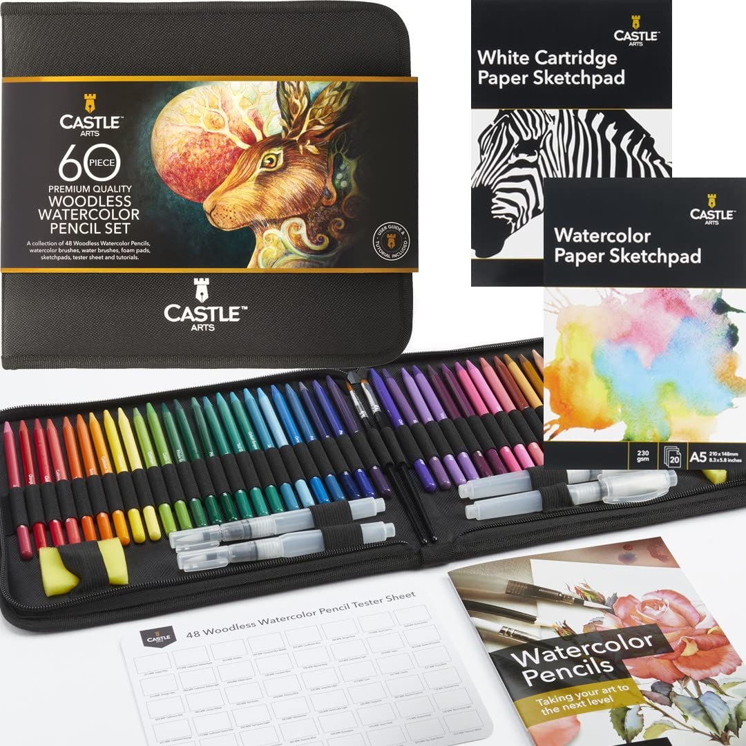 Castle Art Supplies 60 Piece Woodless Watercolor Pencils Set | 48 Solid Pigmented Pencils Plus Extras | All Core, No Wood | For Adult Artists,