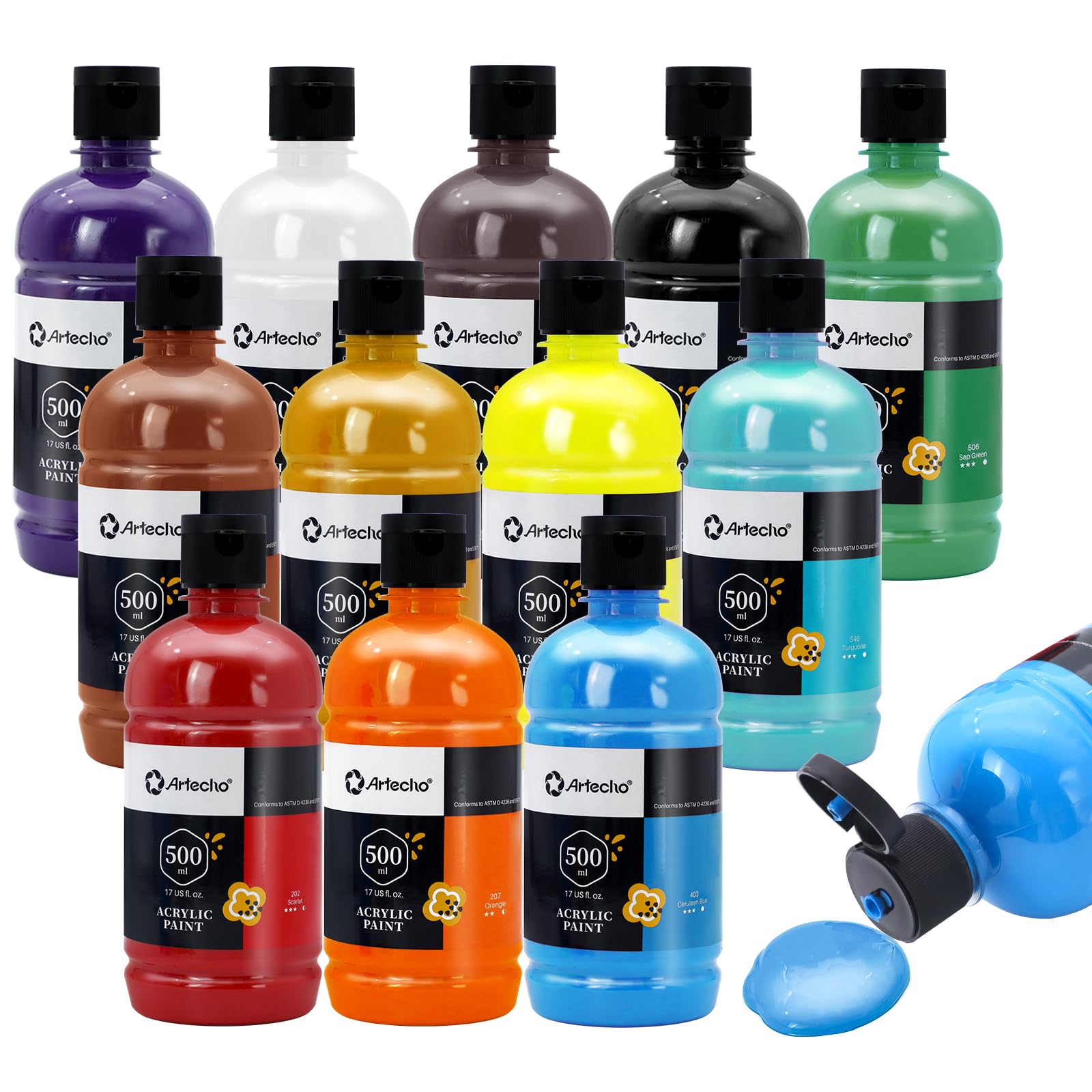 Artecho 12 Colors Large Bulk Acrylic Paint Set (500ml/17oz) Bottles, Art Craft Paint for Art Supplies, Canvas, Rocks, Wood, Fabric, Ceramic, Non