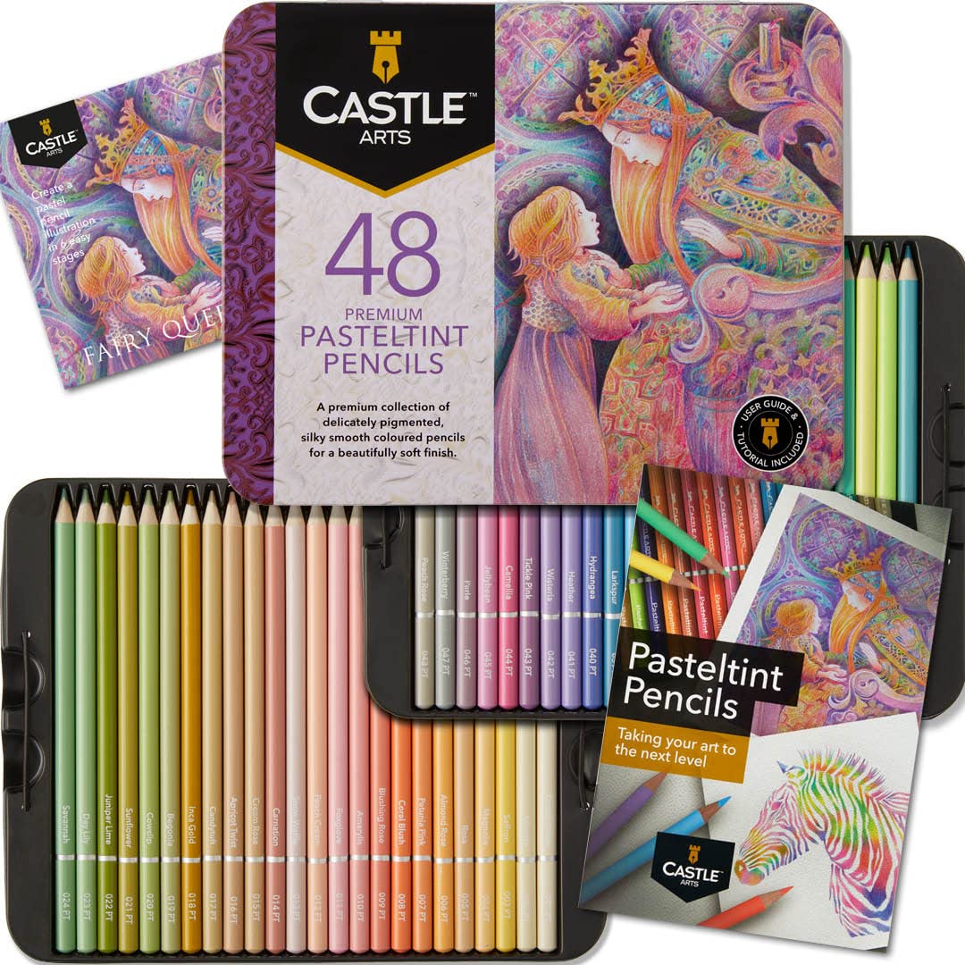 Castle Art Supplies 48 Piece Pasteltint Tin Colored Pencils Set | Quality Colors in Softer, Sumptuous Tones | For Professional and Adult Artists |