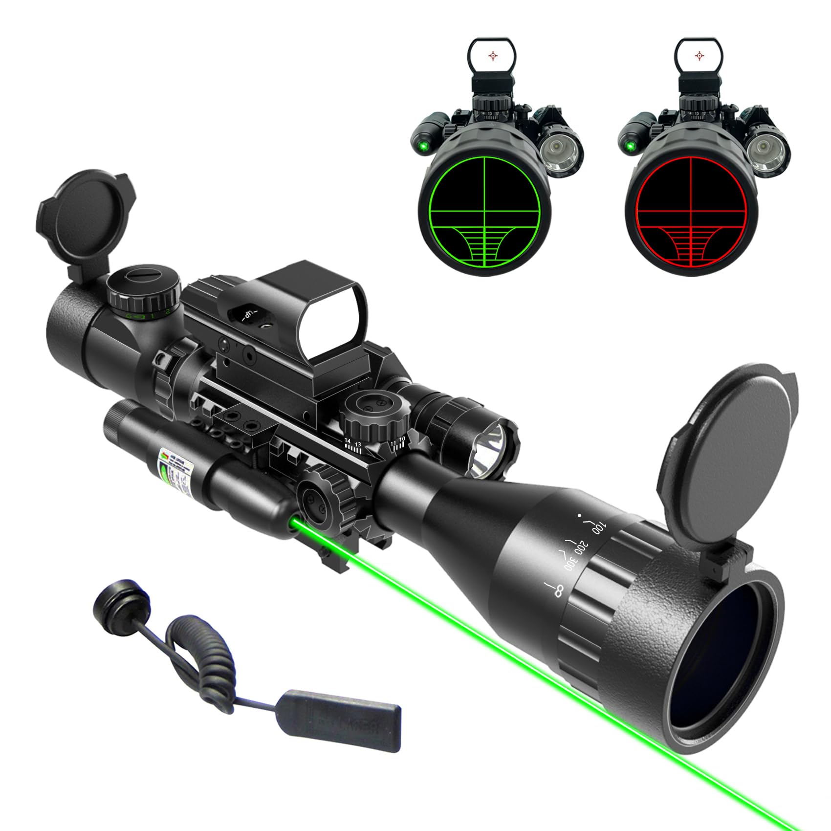 UUQ 4-16X50 AO Rifle Scope Red/Green Illuminated Range Finder Reticle W/Green Laser – Holographic Reflex Red Dot Sight – 5 Brightness Modes