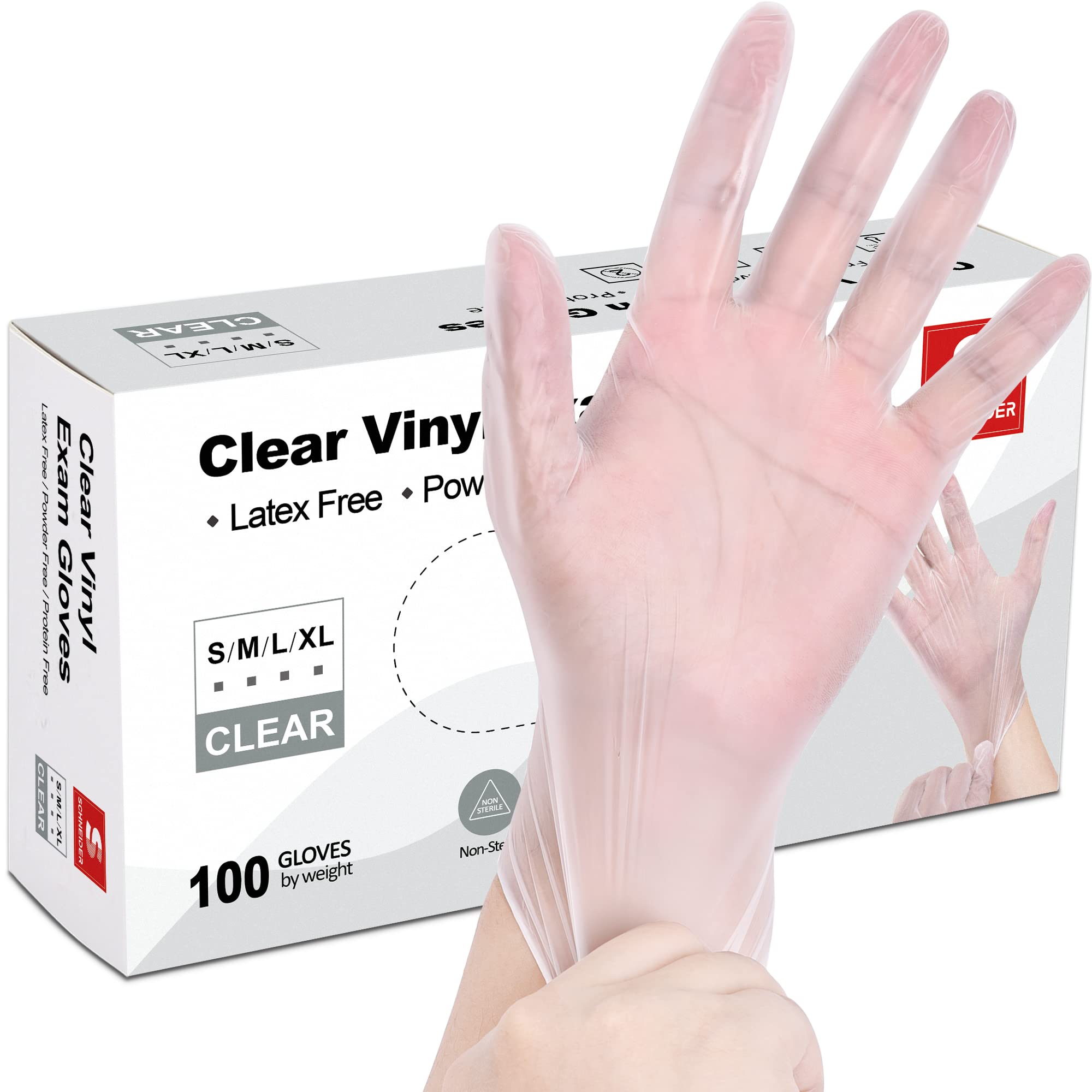 Schneider Clear Vinyl Exam Gloves, 4-mil, Medium 100-ct Box, Latex-Free, Rubber Disposable Gloves For Medical, Cleaning , Food Prep, Food Safe,