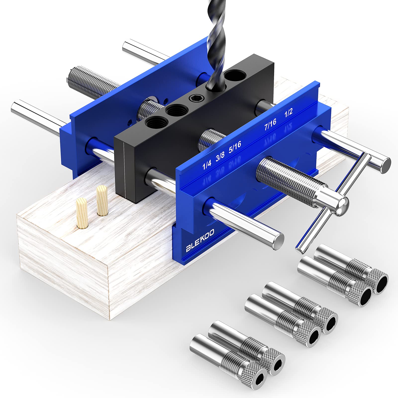 BLEKOO Upgraded 6.7 inch Self Centering Doweling Jig Kit, Drill Jig For Straight Holes Biscuit Joiner Set With 6 Drill Guide Bushings, Adjustable