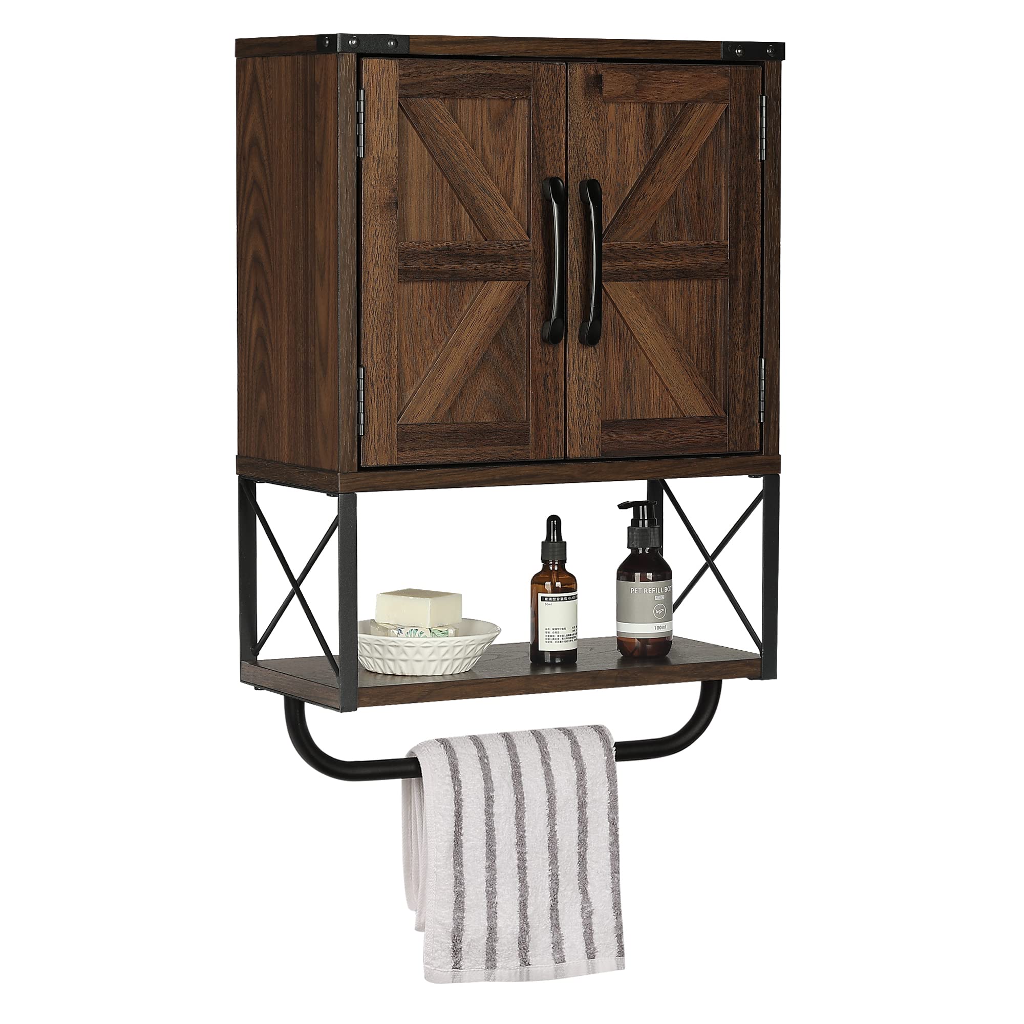 RUSTOWN Farmhouse Rustic Medicine Cabinet with Two Barn Door,Wood Wall Mounted 3-Tier Storage Cabinet with Adjustable Shelf and Towel Bar for