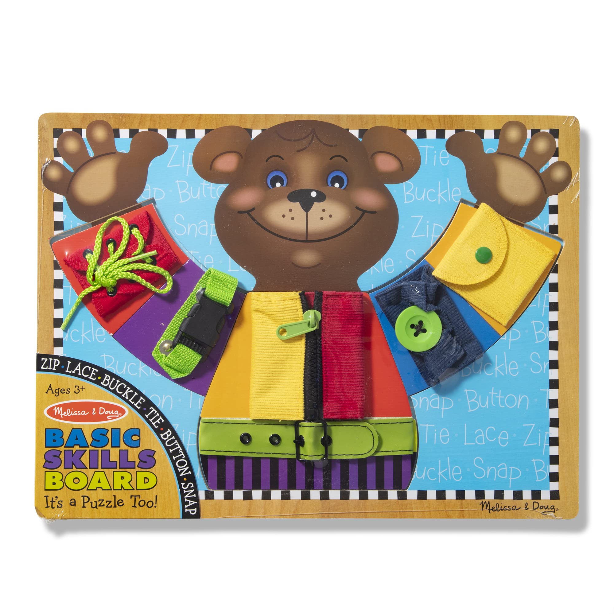 Melissa & Doug Basic Skills Puzzle Board – Wooden Educational Toy – Learn To Button Busy Board, Activity Board For Fine Motor Skills, Developmental