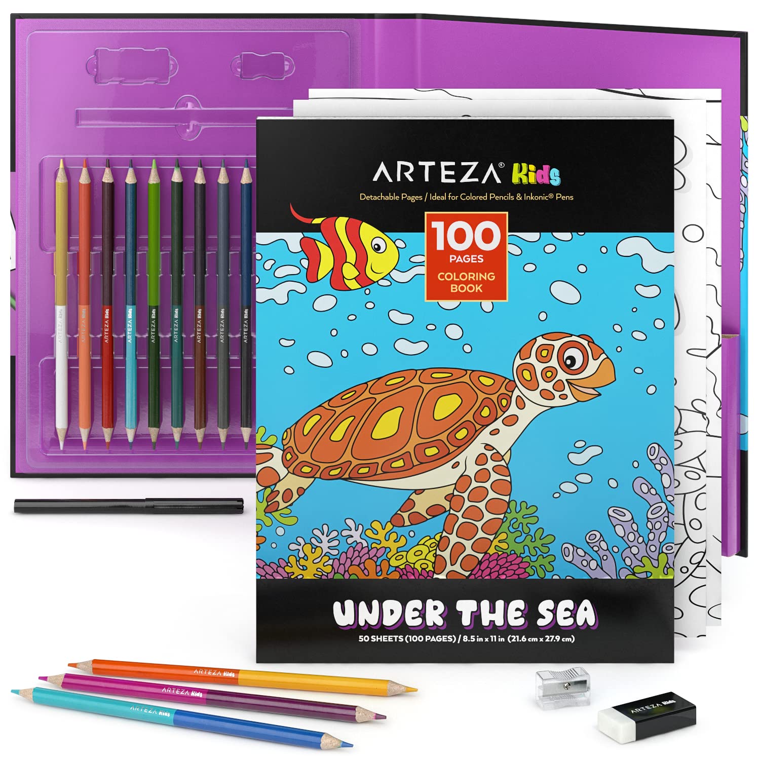 Arteza Kids Coloring Book and Pencils Kit, 8.5×11 Inches, Sea Creature Illustrations, 50 Double-Sided Coloring Sheets, 100-lb Paper, 12 Double-Ended