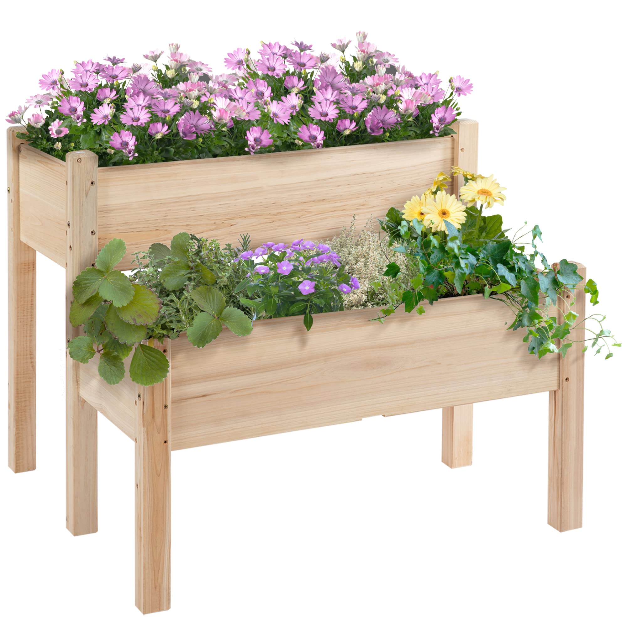 Outsunny 34″x34″x28″ Raised Garden Bed, 2-Tier Elevated Wood Planter Box for Backyard, Patio to Grow Vegetables, Herbs, and Flowers, Natural