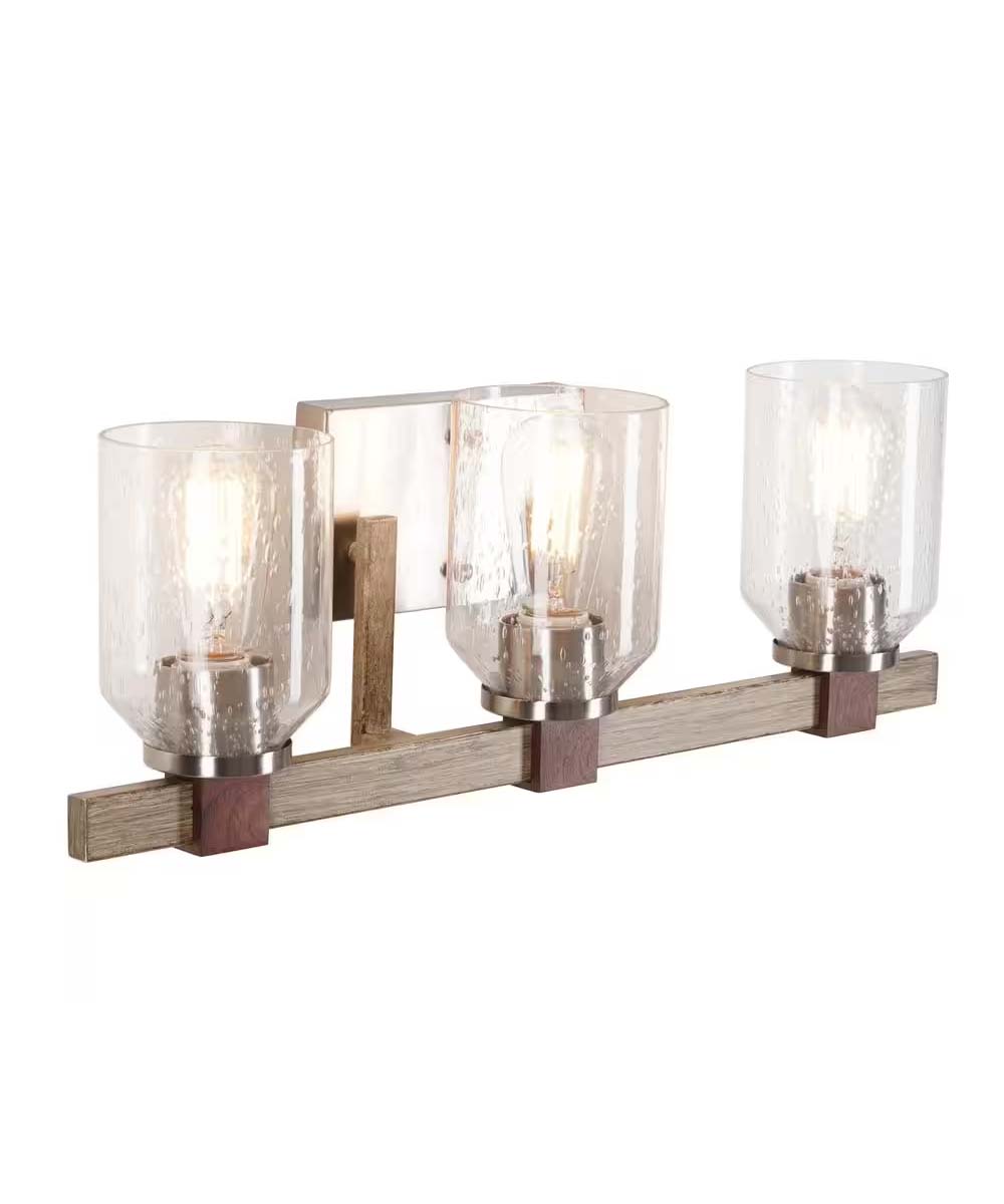 Cresswell 27″W Breckenridge 3-Light Bath Vanity Light Fixture; Brushed Nickel & Walnut Wood Accents & Clear Seeded Glass Shades