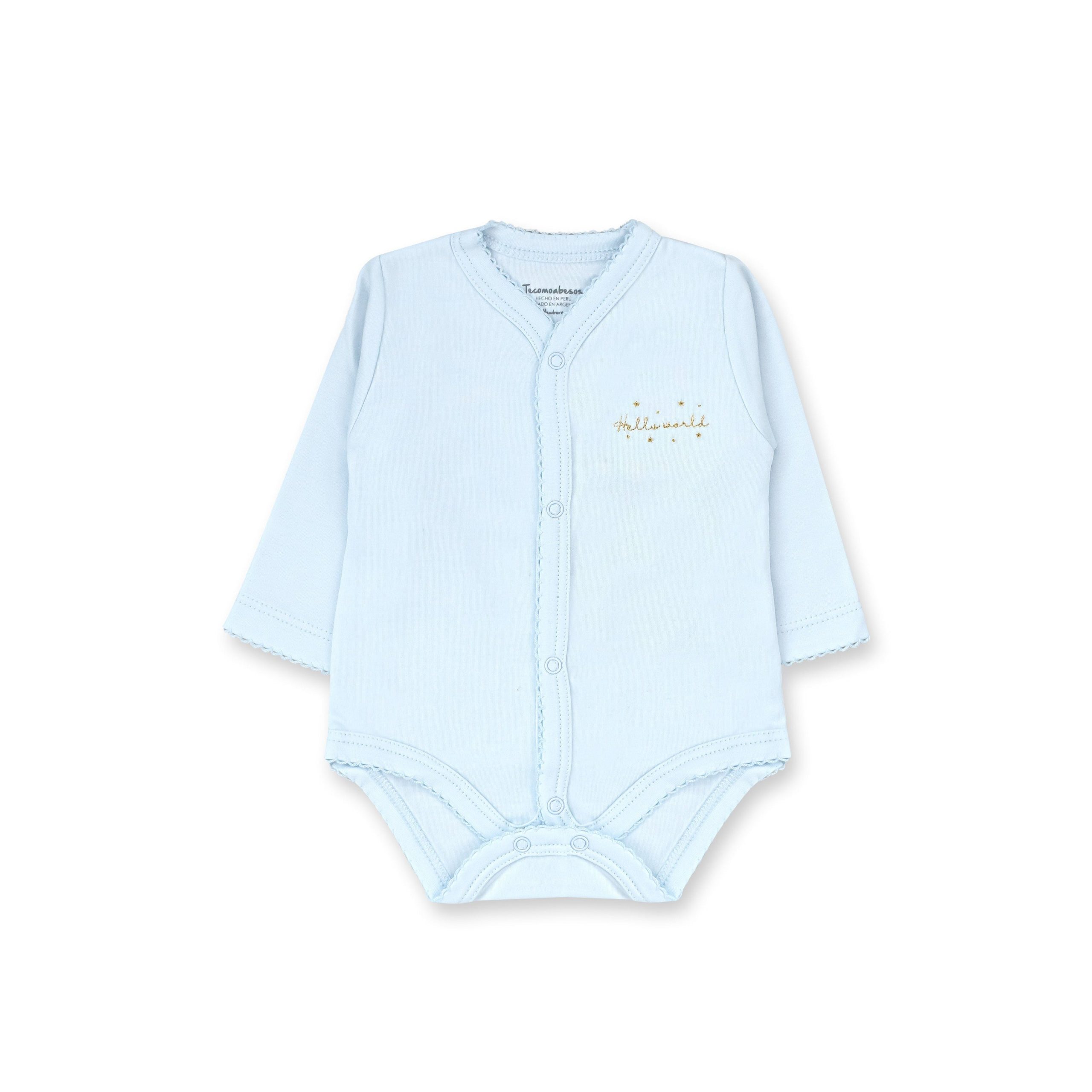 Hello World Long Sleeve Snapped Bodysuit, Blue