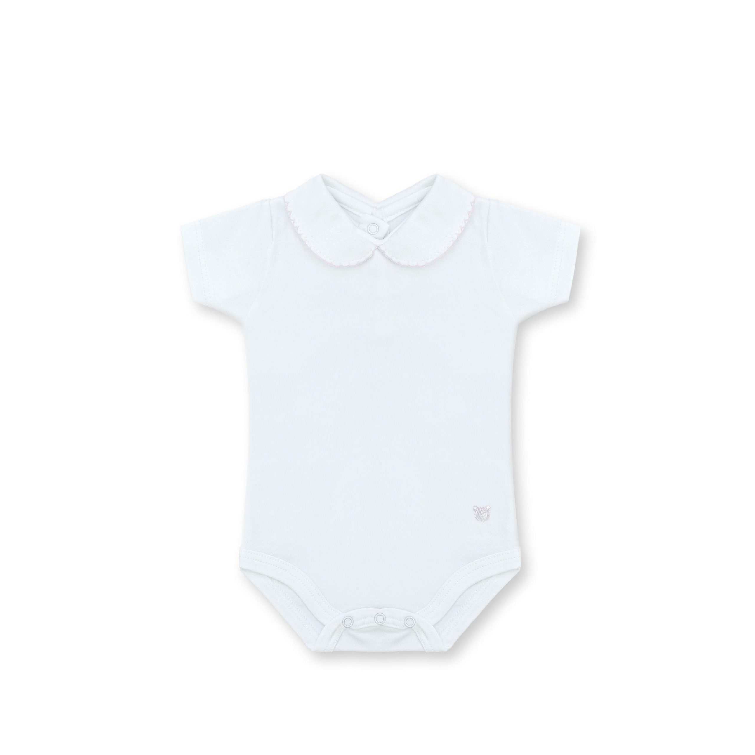 Short Sleeve Bebe Collar Bodysuit, White & Pink