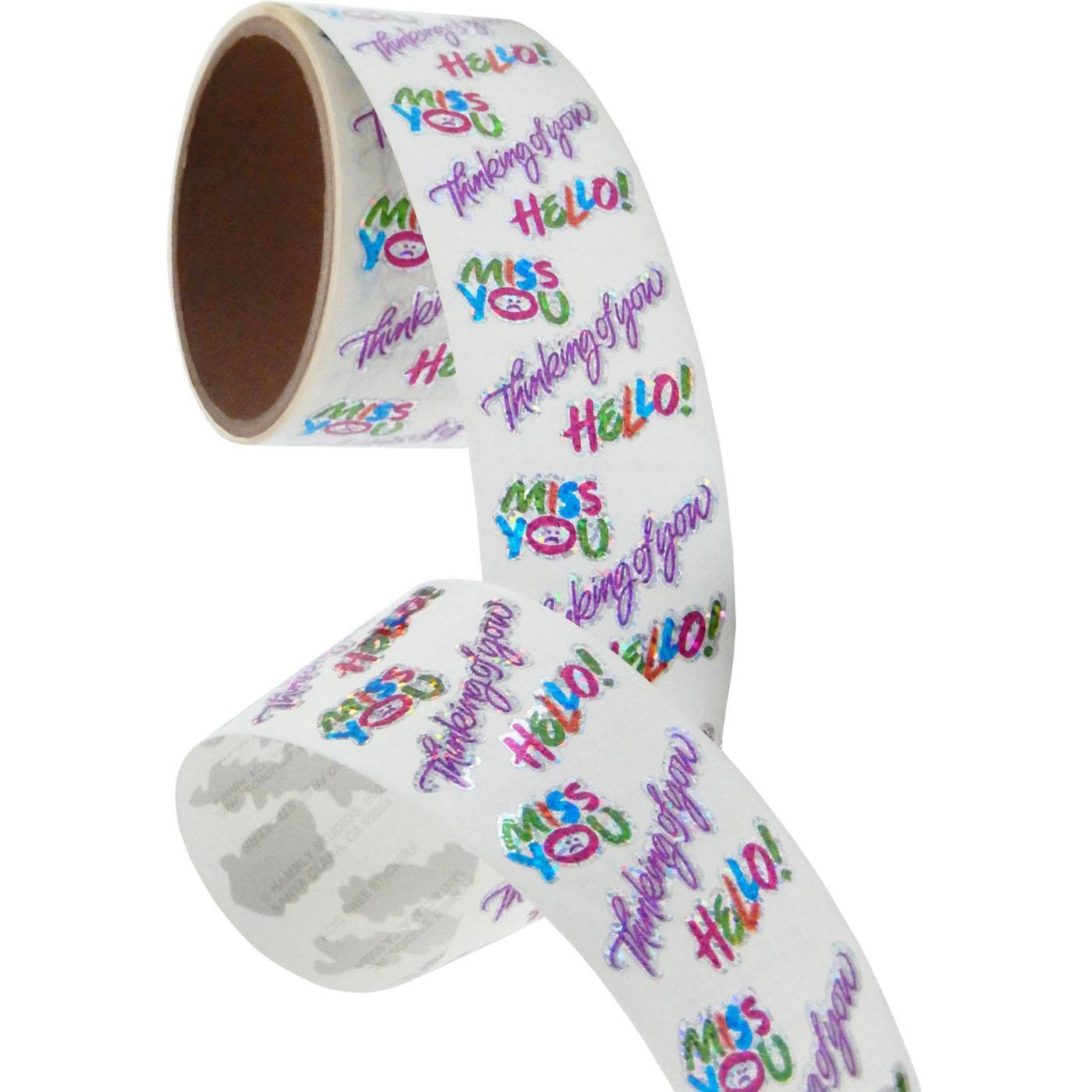 Bulk Roll Prismatic Stickers, Miss You / Thinking Of You / Hello (100 Repeats)