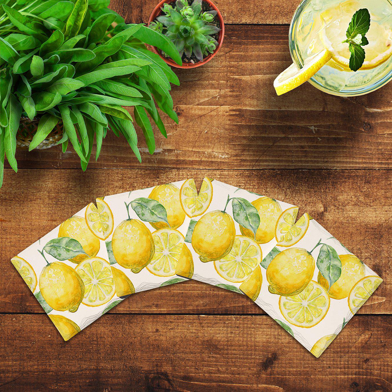 Lemon Pattern | Drink Coaster Set of 4 | Absorbent Ridged Ceramic with Cork Backing