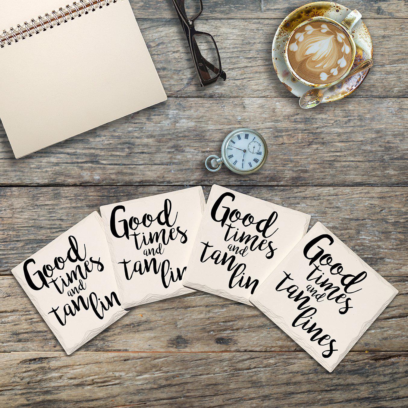 Good Times and Tan Lines | Drink Coaster Set of 4 | Absorbent Ridged Ceramic with Cork Backing