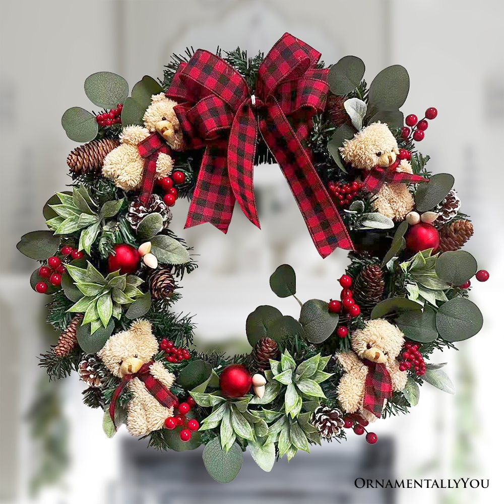 Exquisite Plaid Bow and Bears 20″ Christmas Wreath, Holiday Door Decoration