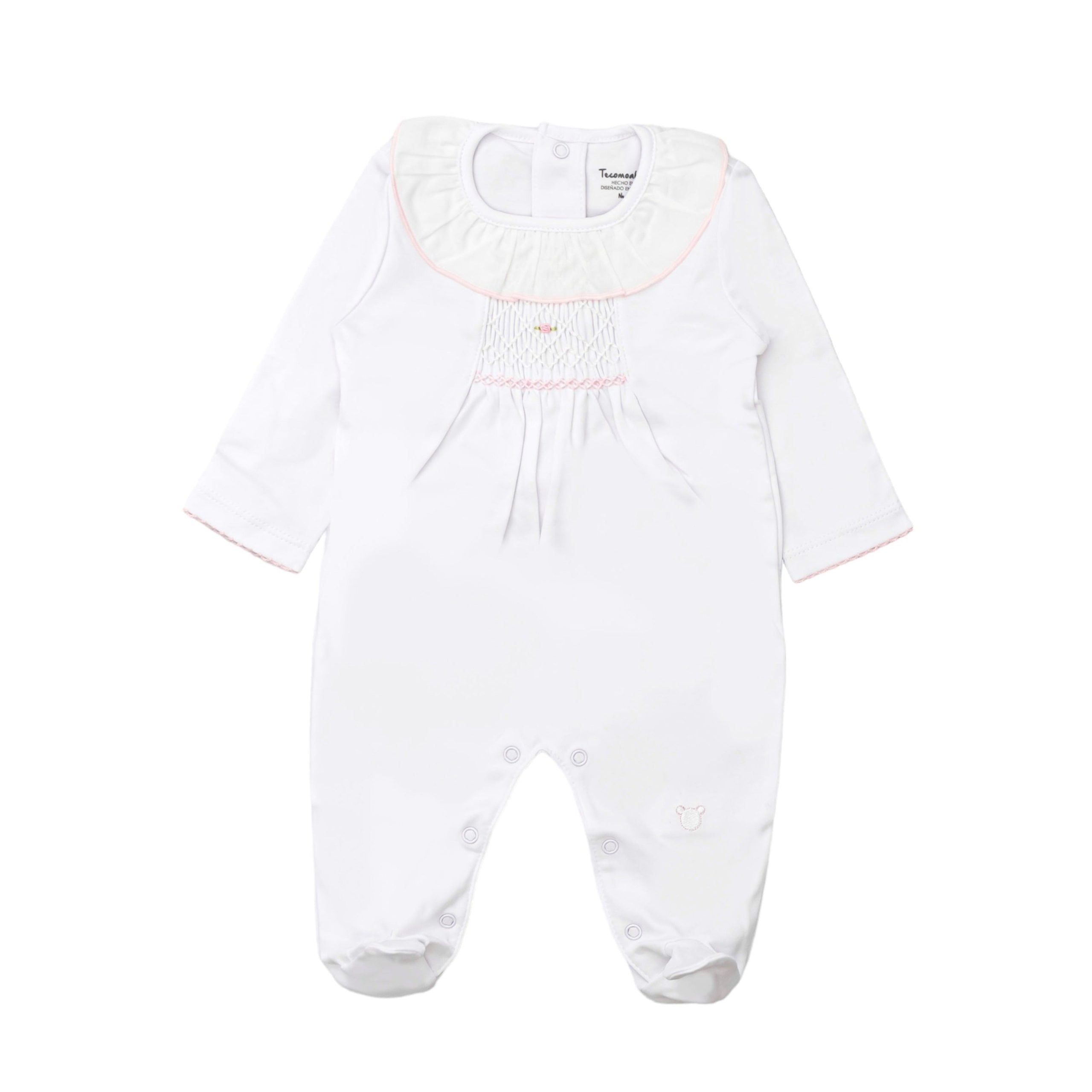 Nanzu Smock Pima Footie, White & Pink