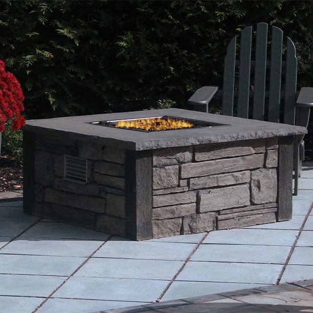 Nicolock 44″ Encore Square Deluxe TPSI Liquid Propane Fire Pit Package with Surround in Ledgestone Texture & Bluestone Color