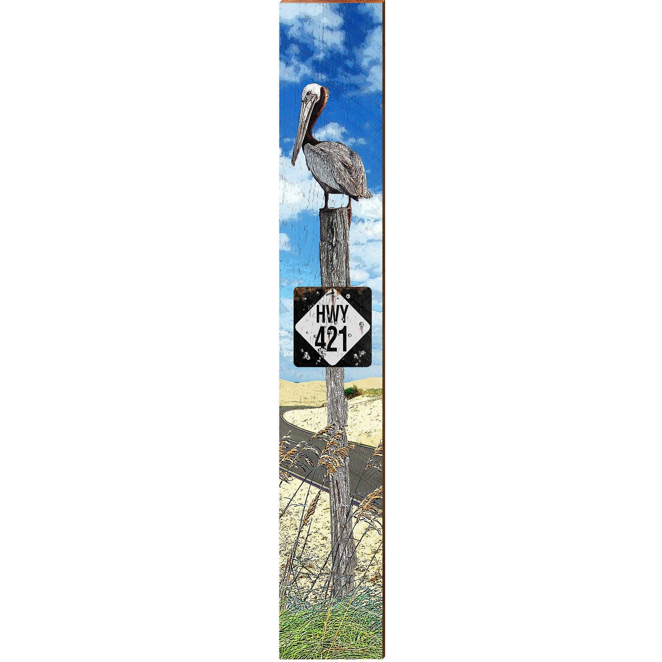 Pelican on Highway 421 Piling | Wall Art Print on Real Wood