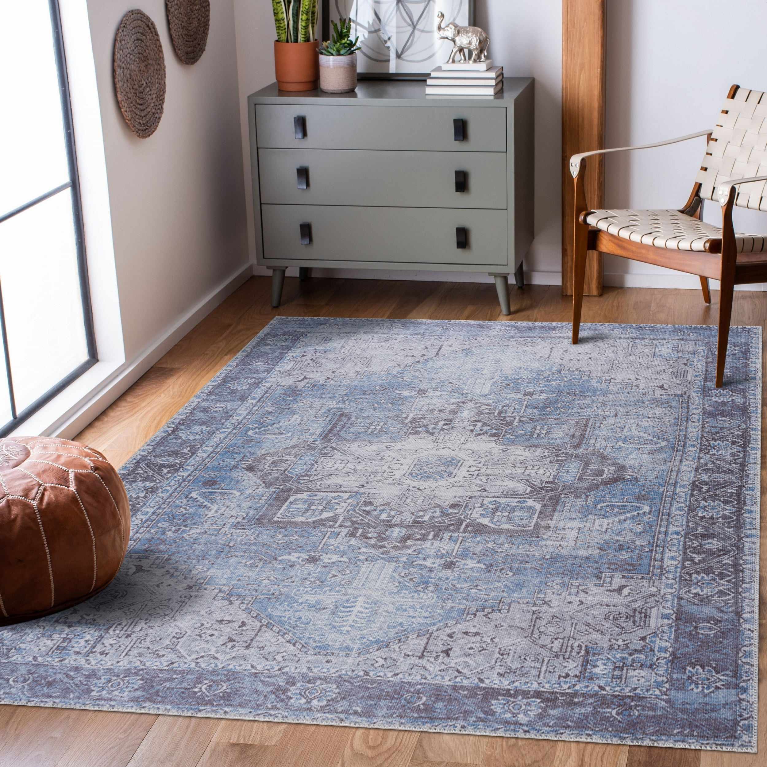 Rosman Ice Blue Flat Pile Washable Rug